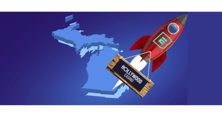 Rocket with the ESPN BET logo on it blasting off from Michigan and pulling behind it a wooden sign with the Hollywood online casino logo on it. Hollywood Casino is off to a strong start with its online casino revenue. How much credit goes to its cross-sell with ESPN BET?