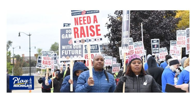 Detroit casino workers on strike outside of the MGM Grand Detroit Casino in 2023. MGM Resorts International suffered regional revenue losses in Q4 of 2023 and attributes much of it to the Detroit casino workers' strike.