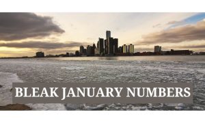 Detroit skyline with ice on the Detroit River. Detroit's three casinos saw a big drop in slot and table game revenue during January, while sports betting stayed up.