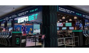 Artist's drawing of what the ESPN BET retail sportsbook will look like when it opens in the Hollywood Casino at Greektown facility in Detroit. The rebranded sportsbook will be open in time for the NFL Draft being held in Detroit in April.