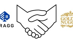 A pair of hands shaking with the Bragg Gaming logo to the left and the Golden Nugget logo to the right