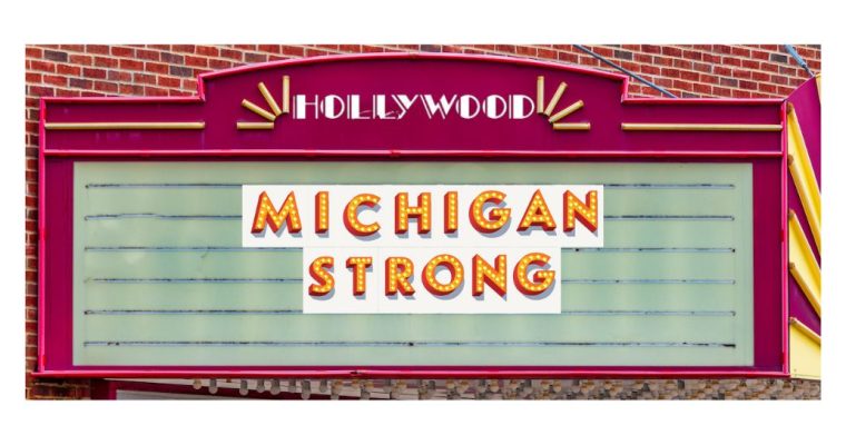 Marquee with a Hollywood logo and the words "Michigan Strong" on the now playing section of the sign. PENN Entertainment is hoping to make its way to 7% market share for Michigan online casino revenue. Can Hollywood Casino get there?