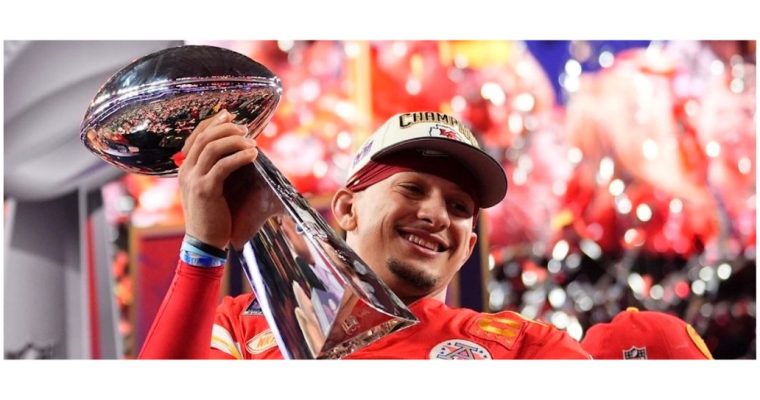 Kansas City Chiefs QB Patrick Mahomes holding the Vince Lombardi trophy after winning the 2024 Super Bowl. While the Super Bowl game broadcast featured limited gambling advertisements, they were prevalent during the four-hour pregame.