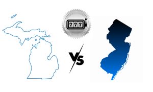 State outlines of Michigan and New Jersey with "vs." and a slot symbol over a silver medal for story on Michigan rivaling NJ as 2nd-largest igaming market in the US