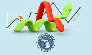 A 3D graph showing upward trends in green and downward trends in red over a seal for the state of Michigan. As 2024 opened with another record-setting month of online casino revenue, a PlayMichigan analysis shows which operators are trending.