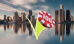 The Detroit skyline with a red 3D casino chip with the number 100 on it bouncing off the Detroit River as it goes higher. The three Detroit casinos brought in $104.8 million in gaming revenue for February, a big improvement from January's $93.9 million total.