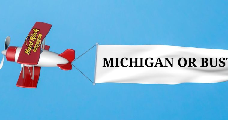 Biplane with the Hard Rock online casino logo on its wing is pulling a banner that reads "Michigan or bust" Hard Rock's purchase of 888's US assets increases the likelihood the former will replace the SI online casino and sportsbook in Michigan.