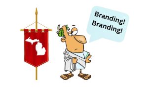Cartoon Caesar with a speech bubble that reads "Branding! Branding!" beside a large red vertical military flag that has a white outline of the state of Michigan on it. Caesars is set to bring a new online casino and sportsbook brand to Michigan in 2024. Here's what Michigan's regulations say about the matter