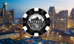 Skyline of the city of Detroit with a large black and white casino chip with the Detroit logo on it. The combined revenue of the Detroit casinos has not been this high since December 2019. The March numbers are up 17% from February.