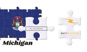 Two white puzzle pieces - one with the 1X2 Network logo on it and the other with the BetRivers casino and sportsbook logo - are coming together near a blue puzzle that has the Michigan logo on it. 1X2 Network has officially launched its slots games in Michigan in partnership with BetRivers. It marks 1X2 Network's entry into the US.
