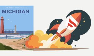 Cartoon rocket ship with the Fanatics logo on it is blasting off next to a Michigan tourism poster. Fanatics experienced moderate success in its first full of operation in Michigan, and should continue to compete in the months to come.
