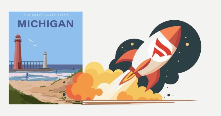 Cartoon rocket ship with the Fanatics logo on it is blasting off next to a Michigan tourism poster. Fanatics experienced moderate success in its first full of operation in Michigan, and should continue to compete in the months to come.