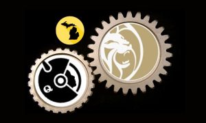 Two gears meshing together - one has the logo for game supplier GameCode on it, the other has the logo for BetMGM. BetMGM, hoping to keep No. 1 online casino spot in Michigan, partners with GameCode to create separation in the Michigan market.