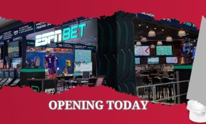ESPN BET retail sportsbook at the Hollywood Casino at Greektown is covered by red wrapping paper that is torn open showing the sportsbook behind it. Hollywood Casino at Greektown opens the first ESPN BET retail sportsbook on the eve of the start of the NFL Draft in Detroit.
