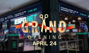 Image of ESPN BET retail sportsbook with a Grand Opening April 24 logo on it. PENN Entertainment confirmed to PlayMichigan that its retail sportsbooks rebrand to ESPN BET will open on April 24.