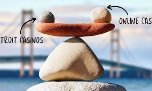 Two rocks perfectly balanced in front of a backdrop of Michigan's Mackinac Bridge. One rock is labelled Detroit casinos. The other is labelled online casinos. Strong revenue by online casinos and Detroit retail casinos proves both can flourish and cannibalization concerns are overblown.