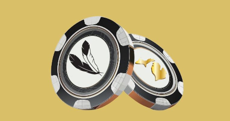 Two large black and white casino chips - one features a tribal feather logo and the other features the outline of the state of Michigan. Michigan tribal casinos display a 1.4% decrease in gaming payments, according to a report released by the MGCB.