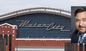 Exterior of the MotorCity Casino with an inset headshot of Stacey Young. Young has been promoted to Vice President of Casino Operations in his 21st year with the Detroit casino.