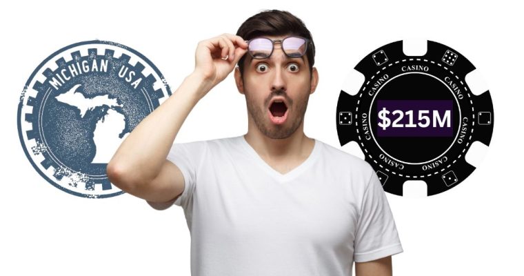 Man with an astonished face stands in front of a Michigan logo and a large casino chip with $215M on it. March was the best month ever in online casino revenue with $215.2 million. It was the first time Michigan has surpassed $200 million.