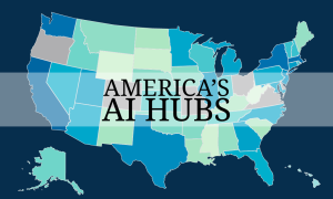 playmichigan choropleth map on blue background with text that says Americas AI Hubs