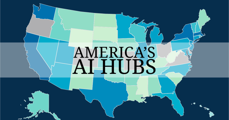 playmichigan choropleth map on blue background with text that says Americas AI Hubs