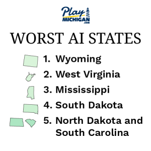 PlayMichigan list of worst artificial intelligence states graphic.