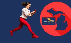 Woman jumping excitedly while looking at her phone. She is next to a large outline of the state of Michigan with the BetRivers logo on it. BetRivers' mature markets, including Michigan, posted strong online casino revenue last quarter, solidifying it as a top operator.