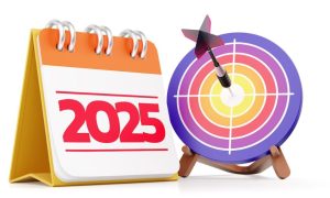 Calendar showing 2025 beside a dart hitting a bullseye on a target. Gun Lake Casino installed the "final beam" into Phase 5 of its $300 million expansion plans. The project will be complete next spring,