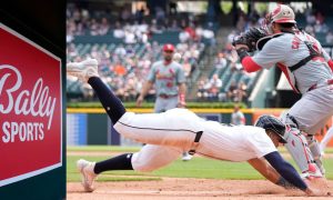Bally Sports sign and a Detroit Tigers player diving into home plate to score a run. Detroit Tigers fans in Michigan must turn to these alternatives to watch games, after Diamond Sports Group's split with Comcast.