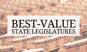 Photo of an empty legislative chamber with text that says Best-Value State Legislatures