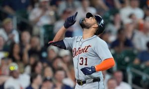 Detroit Tigers outfielder Riley Greene signals to the sky after a 3-run homer. Lifetime sports betting handle exceeded $16 billion and FanDuel became the first operator in Michigan to surpass $5 billion in handle.