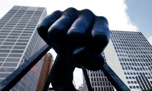 The Fist statue in downtown Detroit. Through the first half of 2024, the three Detroit casinos had combined revenue of $644.7 million, the best total since 2019.