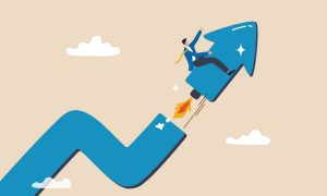 A cartoon of a business many hanging to an upward sloping arrow attached to a rocket ship.