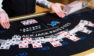 Image of Detroit Lions-themed blackjack table for a story on Caesars Entertainment partnering with the Lions.