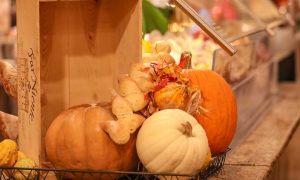 a collection of fall decorations in front of a casino buffet line