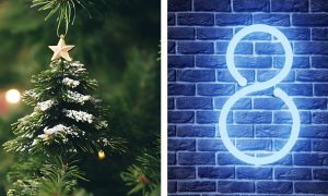 Diptych with Christmas tree ornament and neon number 8 sign
