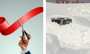 a ribbon cutting pictured next to a car covered in snow