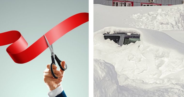a ribbon cutting pictured next to a car covered in snow