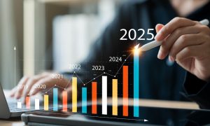 A virtual bar graph displaying in front of a person that shows 2025 having peak performance
