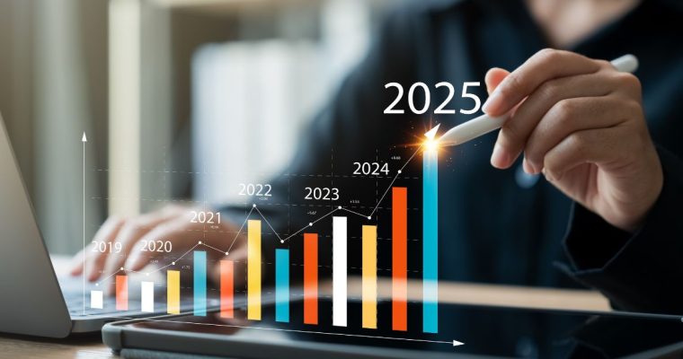 A virtual bar graph displaying in front of a person that shows 2025 having peak performance