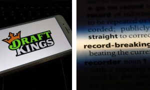 a mobile phone with the draftkings logo on it next to a dictionary definition of record-breaking