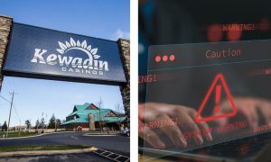 a picture of kewadin casino sign next to a computer showing a cyberattack warning