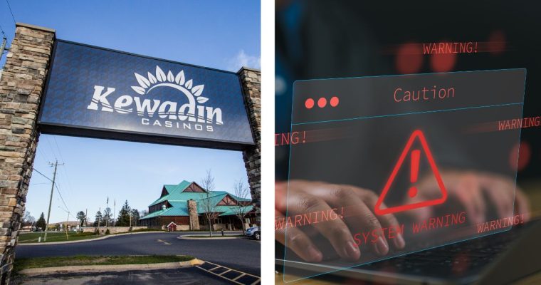 a picture of kewadin casino sign next to a computer showing a cyberattack warning