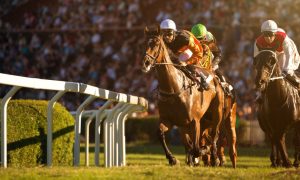 a series of jockeys and horses round the corner during a horse race