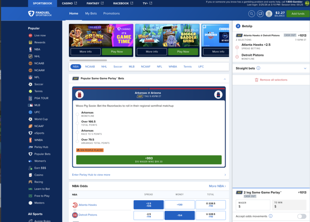 FanDuel Sportsbook MI Webpage