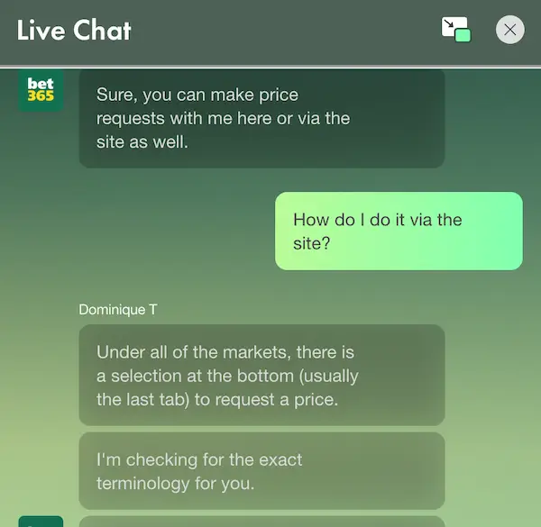 Live chat support at bet365 Sportsbook