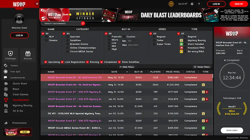 WSOP Online website lobby