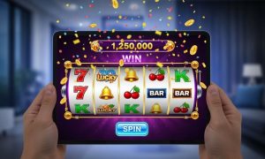 Hands holding a tablet displaying a winning slot machine spin