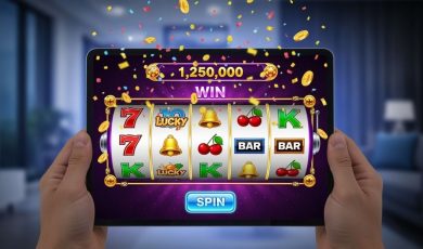Hands holding a tablet displaying a winning slot machine spin