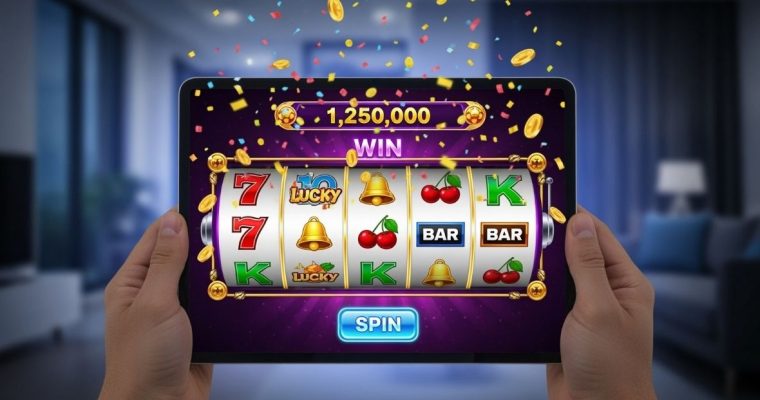 Hands holding a tablet displaying a winning slot machine spin